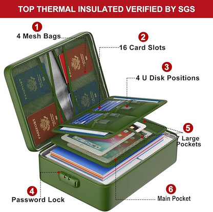 ENGPOW 5200°F Fireproof Document Bag with Lock, Upgraded Heat Insulated Fireproof＆Waterproof Box 8 Layers Document Organizer, Portable Home Travel Safe Storage Box for Important Files, Laptop,Green