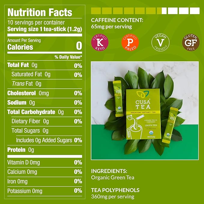 Cusa Tea & Coffee | Premium Instant Green Tea With Real Fruit & Spices | Organic Leaves Drink Mix Packets | Hot or Iced Tea (30 Single Servings)