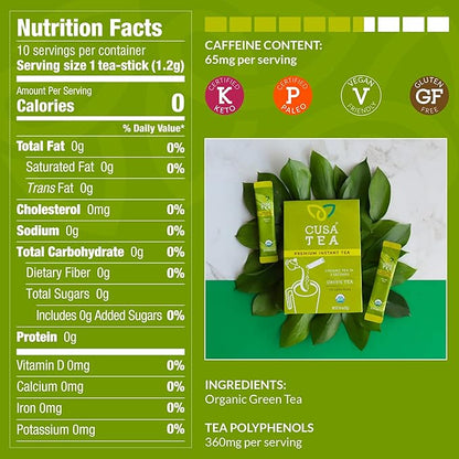 Cusa Tea & Coffee | Premium Instant Green Tea With Real Fruit & Spices | Organic Leaves Drink Mix Packets | Hot or Iced Tea (30 Single Servings)