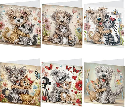 6pcs Diamond Art Painting Postcards with Envelope, Cute Cat Dog Pattern Daily DIY Handmade Greeting Cards Wishing Cards for Special Occasion Festival Craft Gift