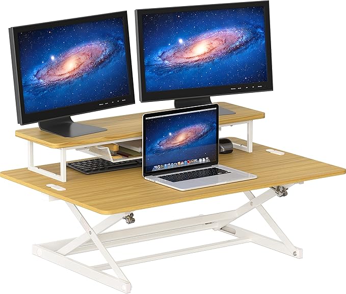 SHW 36-Inch Over Desk Height Adjustable Standing Desk with Monitor Riser, Oak
