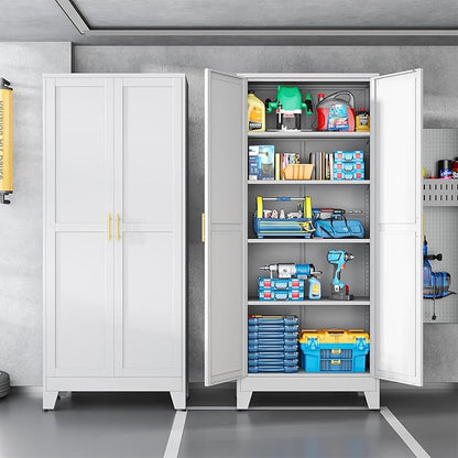 White Metal Storage Cabinet,75" Steel Cabinets for Home Office, Kitchen Pantry Storage Cabinet with Doors and 5 Adjustable Shelves, Tool Cabinets, for Office, Home, Garage, School