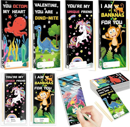 SpringFlower Valentines Day Gifts for Kids, 24 Pack Scratch Art Books Valentines Day Gifts for Kid Classroom School Exchange, Valentines Scratch Art Crafts Kits Bulk Party Favors Prizes for Boys Girls