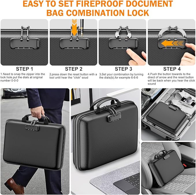 Fireproof Document Organizer Box with Lock, Portable Hard-Shell File Storage Case – 13-Pocket Accordion Folder, Fireproof & Water-Resistant Safe Box for Home, Office & Travel, Black