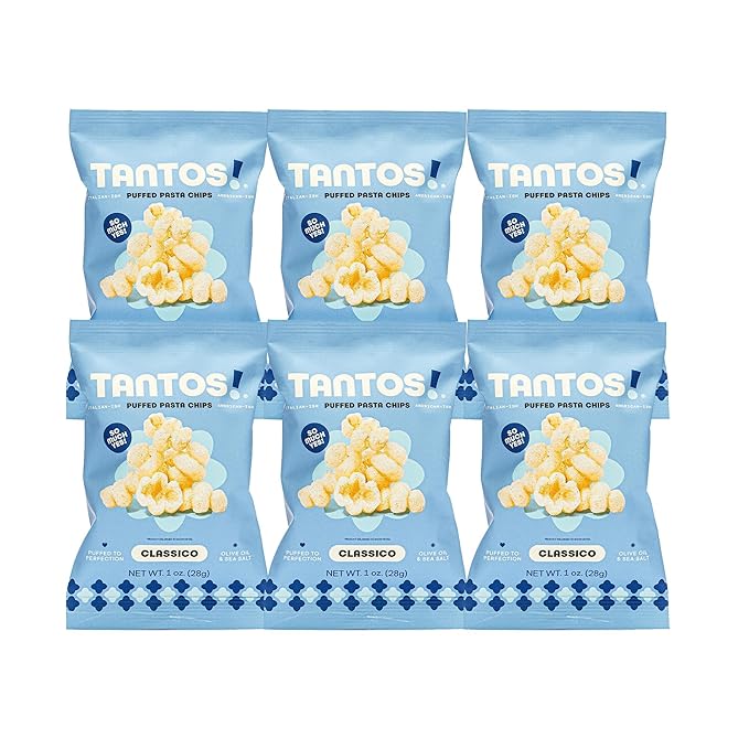 Tantos! Puffed Pasta Chips, Healthy Pasta Snack by Top Chef Joe Sasto, As Seen on Shark Tank, Plant Based, Low Calorie, Crunchy Chips, Variety Pack, Marinara, Pesto, Cacio e Pepe, Classico, Gourmet Bold Flavors, 1 oz 6 Pack of Classico