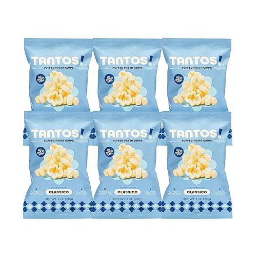 Tantos! Puffed Pasta Chips, Healthy Pasta Snack by Top Chef Joe Sasto, As Seen on Shark Tank, Plant Based, Low Calorie, Crunchy Chips, Variety Pack, Marinara, Pesto, Cacio e Pepe, Classico, Gourmet Bold Flavors, 1 oz 6 Pack of Classico