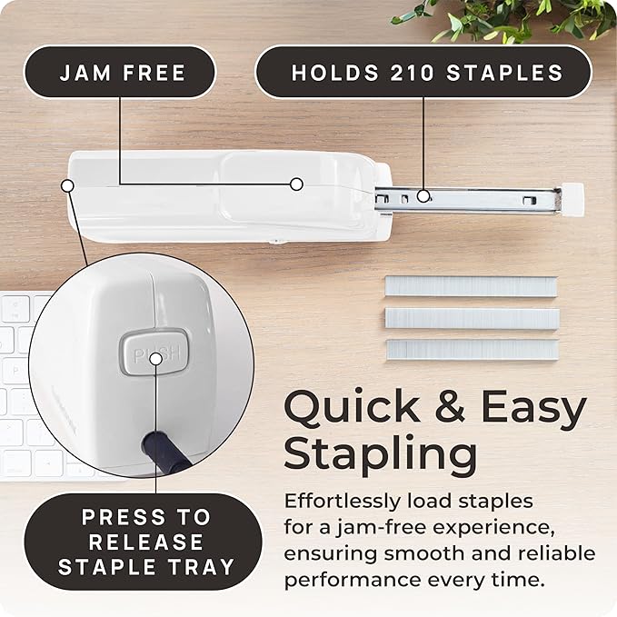 Portable Automatic Electric Stapler Pro - 30 Sheet Capacity, Quiet Operation, Jam-Free and Easy Reload - AC Adapter/Battery Powered, (White)