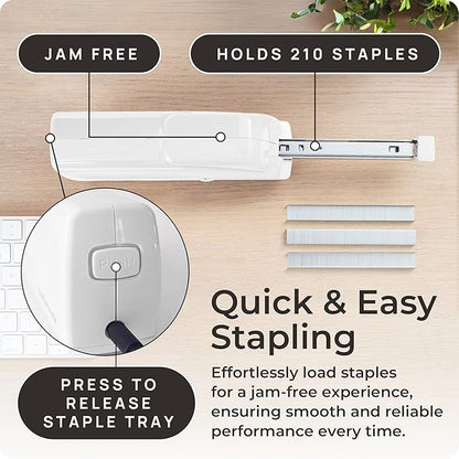 Portable Automatic Electric Stapler Pro - 30 Sheet Capacity, Quiet Operation, Jam-Free and Easy Reload - AC Adapter/Battery Powered, (White)