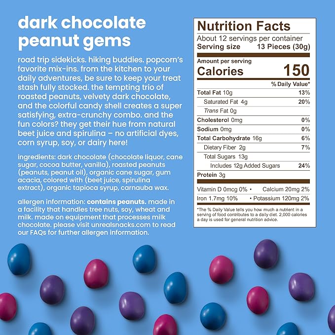 Unreal Dark Chocolate Peanut Gems | Vegan with Colors from Nature | Fair Trade, Non-GMO, Gluten Free Ingredients | No Sugar Alcohols or Soy, 13oz, 1 Bag