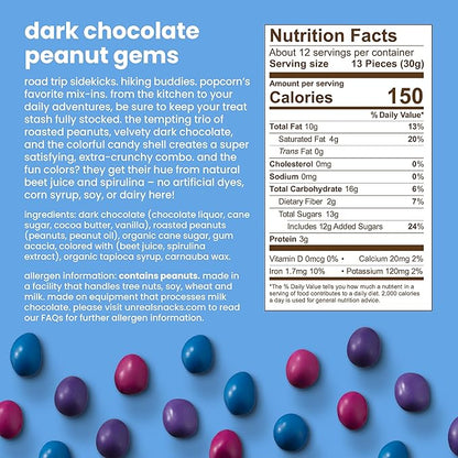 Unreal Dark Chocolate Peanut Gems | Vegan with Colors from Nature | Fair Trade, Non-GMO, Gluten Free Ingredients | No Sugar Alcohols or Soy, 13oz, 1 Bag