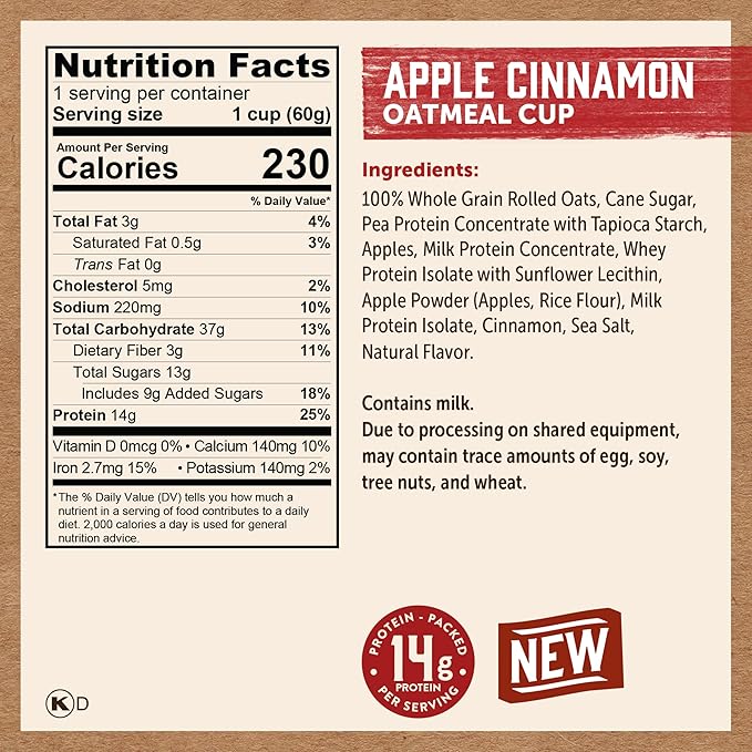 Kodiak Cakes Instant Protein Apple Cinnamon Oatmeal in a Cup, 2.12oz (Pack of 12)