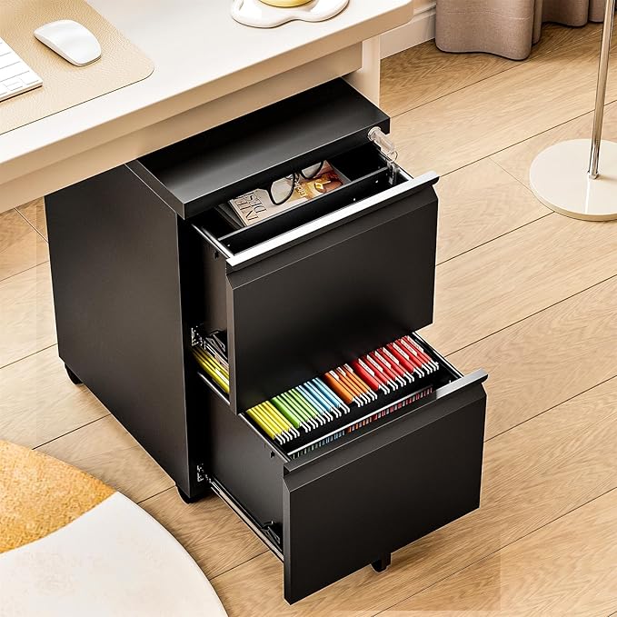 2 Drawer File Cabinet, Small Mobile File Cabinet with Lock, Metal Rolling Filing Cabinets for Letter/Legal/A4 File, Home, Office, Black