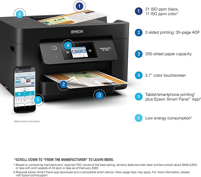 Epson Workforce Pro WF-3820 Wireless All-in-One Printer with Auto 2-Sided Printing, 35-Page ADF, 250-sheet Paper Tray and 2.7" Color Touchscreen (Renewed), Black