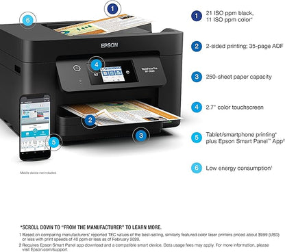 Epson Workforce Pro WF-3820 Wireless All-in-One Printer with Auto 2-Sided Printing, 35-Page ADF, 250-sheet Paper Tray and 2.7" Color Touchscreen (Renewed), Black