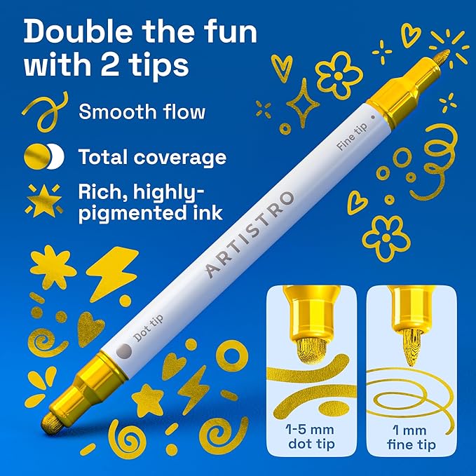 ARTISTRO 5 Gold Acrylic Paint Markers for Rock, Fabric, Wood, Glass, Decoration - Dual-Tip Paint Pens for Coloring Books for Adults, Teens, Kids - Art and Craft Supplies Kit - Gift Idea