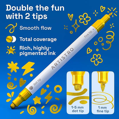 ARTISTRO 5 Gold Acrylic Paint Markers for Rock, Fabric, Wood, Glass, Decoration - Dual-Tip Paint Pens for Coloring Books for Adults, Teens, Kids - Art and Craft Supplies Kit - Gift Idea