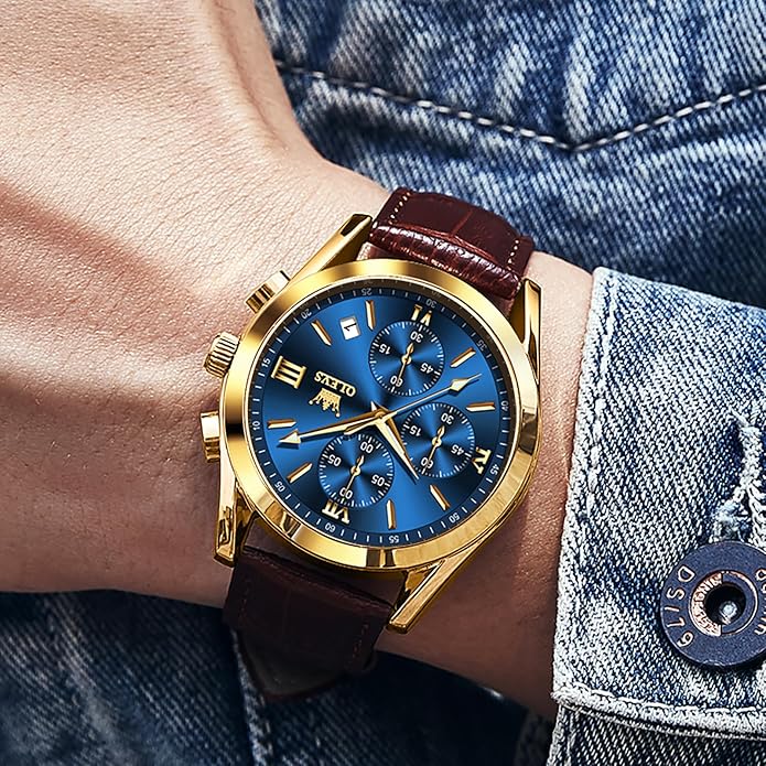 OLEVS Men's Chronograph Leather Watch, Big Face Easy to Read Analog Quartz Dress Watch, Casual Waterproof Luminous Hands Date Watches for Men, White/Blue/Black/Gold Dial