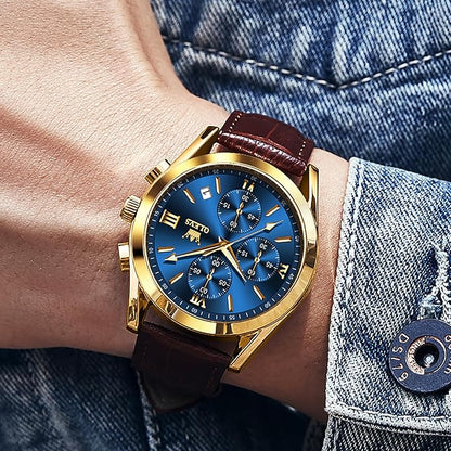 OLEVS Men's Chronograph Leather Watch, Big Face Easy to Read Analog Quartz Dress Watch, Casual Waterproof Luminous Hands Date Watches for Men, White/Blue/Black/Gold Dial