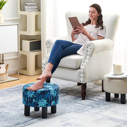 Cpintltr Foot Stool Linen Ottoman Round Footstool for Couch Desk Soft Step Stool Padded Foot Rest with Non-Skid Pine Legs Multiple Colors Furniture for Hallway Office Lounge Dorm Room Flower Blue