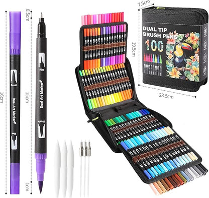 Dual Tip Markers, Double Brush Art Markers Set with Fine Tip and Brush Tip for Adult Coloring Book, Hand Lettering, Calligraphy & Drawing, Art Supplies Kit for Kids and Adults (100 Colors)