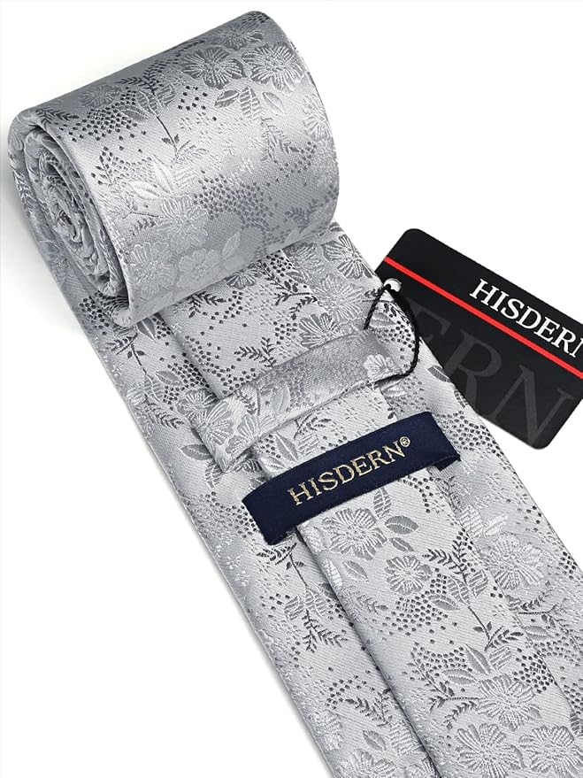 HISDERN Men Floral Ties Woven Classic 3.4" Necktie Set Formal Tie Pocket Square for Wedding with Handkerchief Gift Box