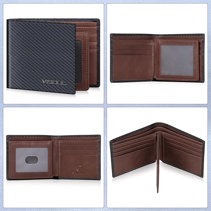 VISOUL Leather Mens Bifold RFID Blocking Wallet with 2 ID Windows, Leather Wallet for Men (Carbon Fiber, Black+Brown)