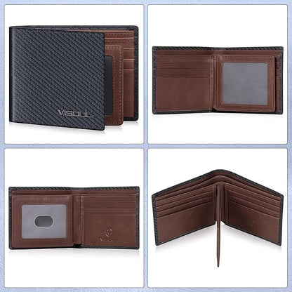 VISOUL Leather Mens Bifold RFID Blocking Wallet with 2 ID Windows, Leather Wallet for Men (Carbon Fiber, Black+Brown)