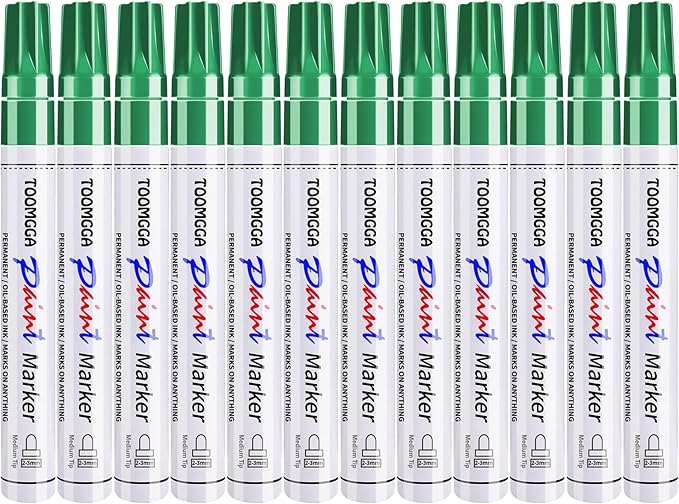Green Permanent Paint Pens Paint Markers - 12 Pack Oil Based Markers, Quick Drying and Waterproof Marker Pen, Car Tire, Metal, Rock Painting, Wood, Fabric, Plastic, Canvas, Mugs