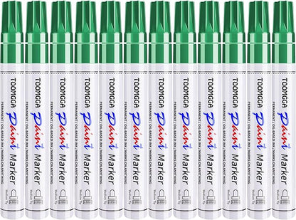 Green Permanent Paint Pens Paint Markers - 12 Pack Oil Based Markers, Quick Drying and Waterproof Marker Pen, Car Tire, Metal, Rock Painting, Wood, Fabric, Plastic, Canvas, Mugs