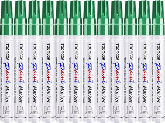 Green Permanent Paint Pens Paint Markers - 12 Pack Oil Based Markers, Quick Drying and Waterproof Marker Pen, Car Tire, Metal, Rock Painting, Wood, Fabric, Plastic, Canvas, Mugs
