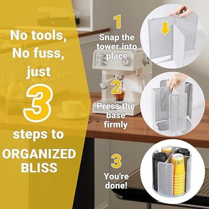 4-Compartment Rotating Paper Cup Holder & Coffee Cup Lid Storage Dispenser, Plastic Cup Dispenser Removable, Space-Saving Countertop Cup Holder for Coffee Bars, Kitchens (Grey)