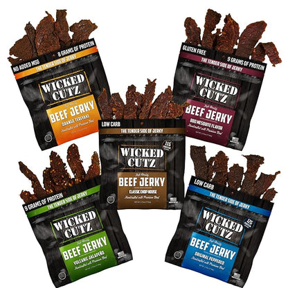 Wicked Cutz Original Peppered Beef Jerky, 36g Protein Per Bag, Tender & Easy to Chew Alternative to Beef Sticks, USA Made High Protein Carnivore Snacks (2 Bags)