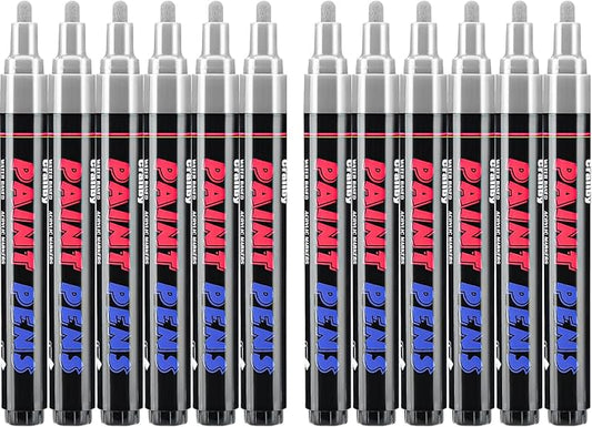 Silver Paint Pens Paint Markers - 12 Pack Permanent Quick Dry Waterproof Marker Pens for Rocks Wood Fabric Plastic Canvas Glass Mugs Metal Tire Stone