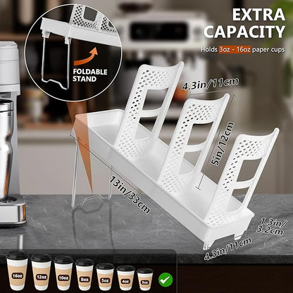 Paper Cup and Lid Holder, Disposable Coffee Cup Dispenser, 3-Slot Upright Paper Cup Dispenser for Coffee Stations, Kitchens, Bars, Restaurants, Lounges (White)