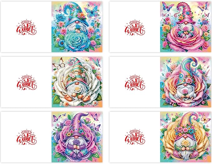 6pcs DIY Rose Gnome Diamond Art Painting Greeting Cards Kit, Rhinestone Art Holiday Birthday Card Set with Envelopes, DIY Festival Craft for Girlfriend, Christmas Valentine Gift Making Supplies
