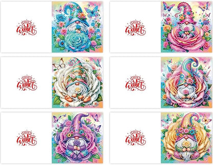 6pcs DIY Rose Gnome Diamond Art Painting Greeting Cards Kit, Rhinestone Art Holiday Birthday Card Set with Envelopes, DIY Festival Craft for Girlfriend, Christmas Valentine Gift Making Supplies