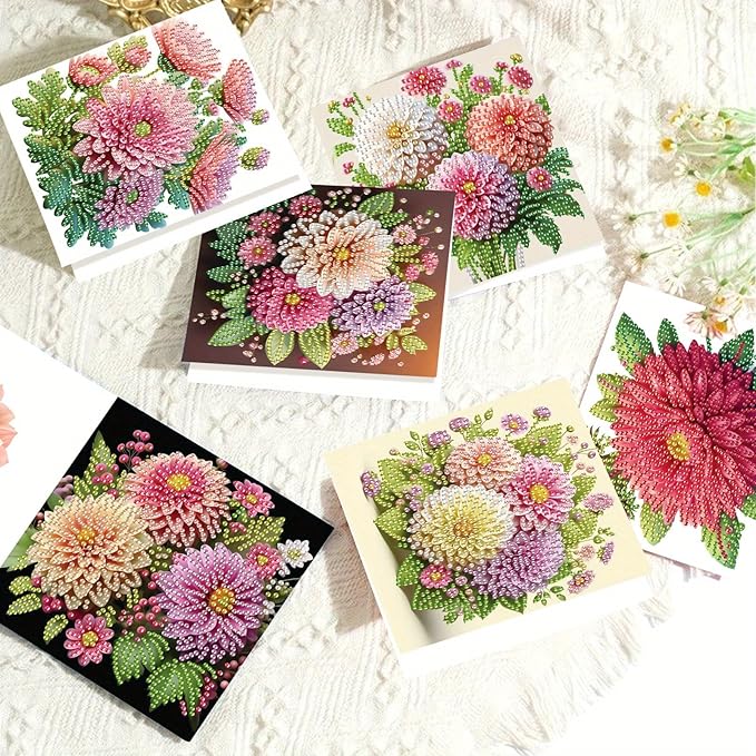 6pcs creative gift of diamond art painting birthday cards - flowers chrysanthemum, greeting card with envelope, handmade DIY painting birthday card art craft card kit postcards for family and friends