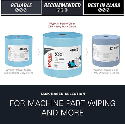WypAll PowerClean X80 Cloths Heavy Duty Wipes (41043), Jumbo, Extended Use Towels, Blue (1 Roll of 475 Sheets, 475 Sheet Total)