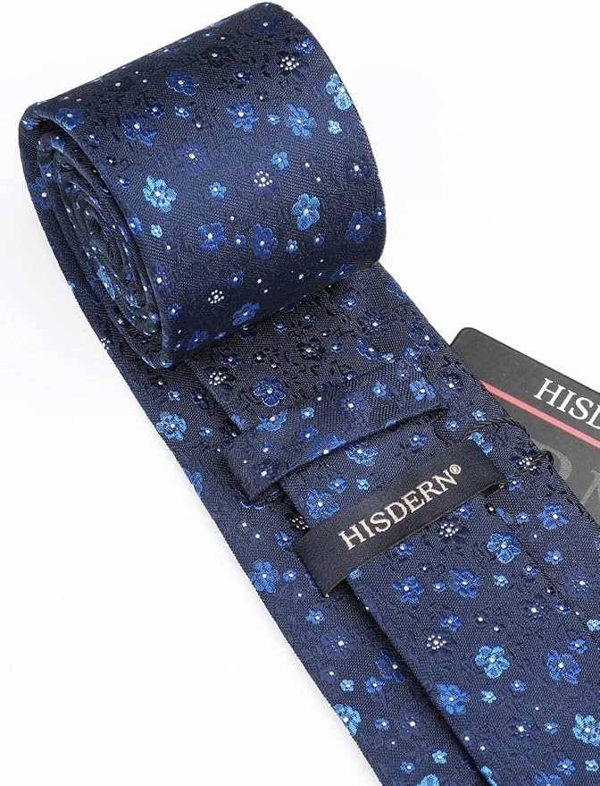 HISDERN Men Floral Ties Woven Classic 3.4" Necktie Set Formal Tie Pocket Square for Wedding with Handkerchief Gift Box