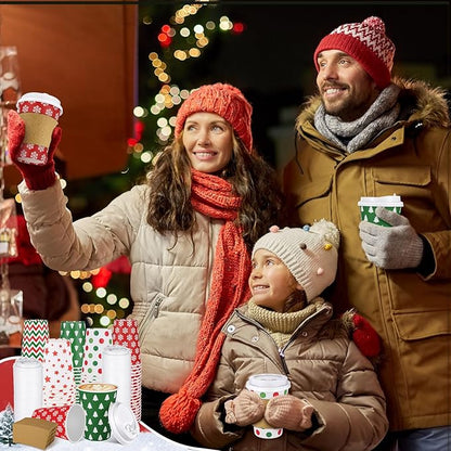 300 Pcs/100 Sets Christmas Coffee Cups with Lids and Sleeves 12 oz Disposable Christmas Paper Cups Party Drinking Cups for Hot and Cold Drinks Chocolate Coffee Tea Beverage Bar Supplies (Simple)