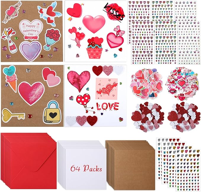 Zonon Valentine's Day DIY Card Making Kit Include Greeting Cards and Envelopes Heart Foam Stickers Diamond Stickers Valentine Party Favors Classroom Exchange Gifts(64 Pack)