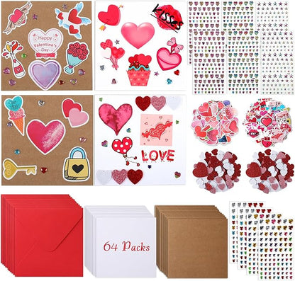 Zonon Valentine's Day DIY Card Making Kit Include Greeting Cards and Envelopes Heart Foam Stickers Diamond Stickers Valentine Party Favors Classroom Exchange Gifts(64 Pack)