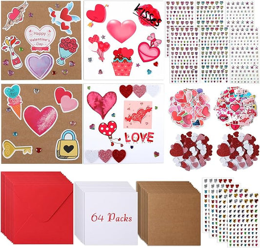 Zonon Valentine's Day DIY Card Making Kit Include Greeting Cards and Envelopes Heart Foam Stickers Diamond Stickers Valentine Party Favors Classroom Exchange Gifts(64 Pack)