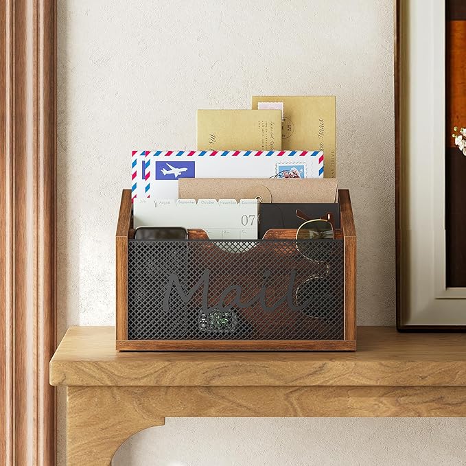 Mail Organizer Countertop, Mail Holder with 4 Slots, Mail Sorter for Desk, Wooden Office Desk Organizer, Mail Organizer for Magazines, Files, Papers, Folders, Rustic Brown and Black MR04BR