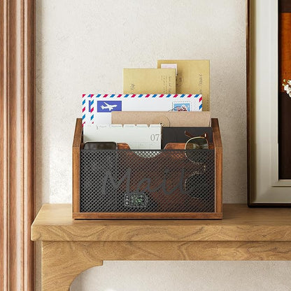 Mail Organizer Countertop, Mail Holder with 4 Slots, Mail Sorter for Desk, Wooden Office Desk Organizer, Mail Organizer for Magazines, Files, Papers, Folders, Rustic Brown and Black MR04BR