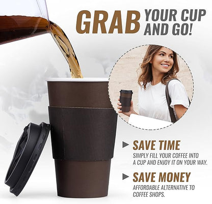 Promora 12 oz Brown Disposable Coffee Cups with Lids & Sleeves, Hot Coffee Cup Sleeves Disposable, Premium Insulated To Go Paper Cups (12 oz, Pack of 80) Brown and Black
