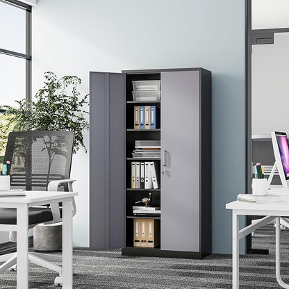 Metal 71' Tall File Cabinet with Lockable Doors and 5 Adjustable Shelves - Black&Gray Steel Storage Cabinet for Home, School, Office, Garage