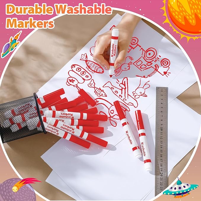 Janlaugh 24 Pcs Washable Markers Bulk Broad Line Markers Coloring Conical Tip Large pens for art projects, Teachers, Party Favors, Donations(Red)
