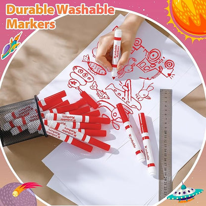 Janlaugh 24 Pcs Washable Markers Bulk Broad Line Markers Coloring Conical Tip Large pens for art projects, Teachers, Party Favors, Donations(Red)
