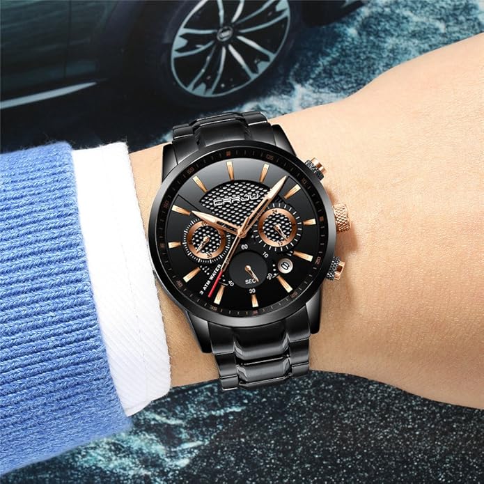 CRRJU Men's Business Casual Chronograph Quartz Waterproof Wristwatch Black Leather Strap